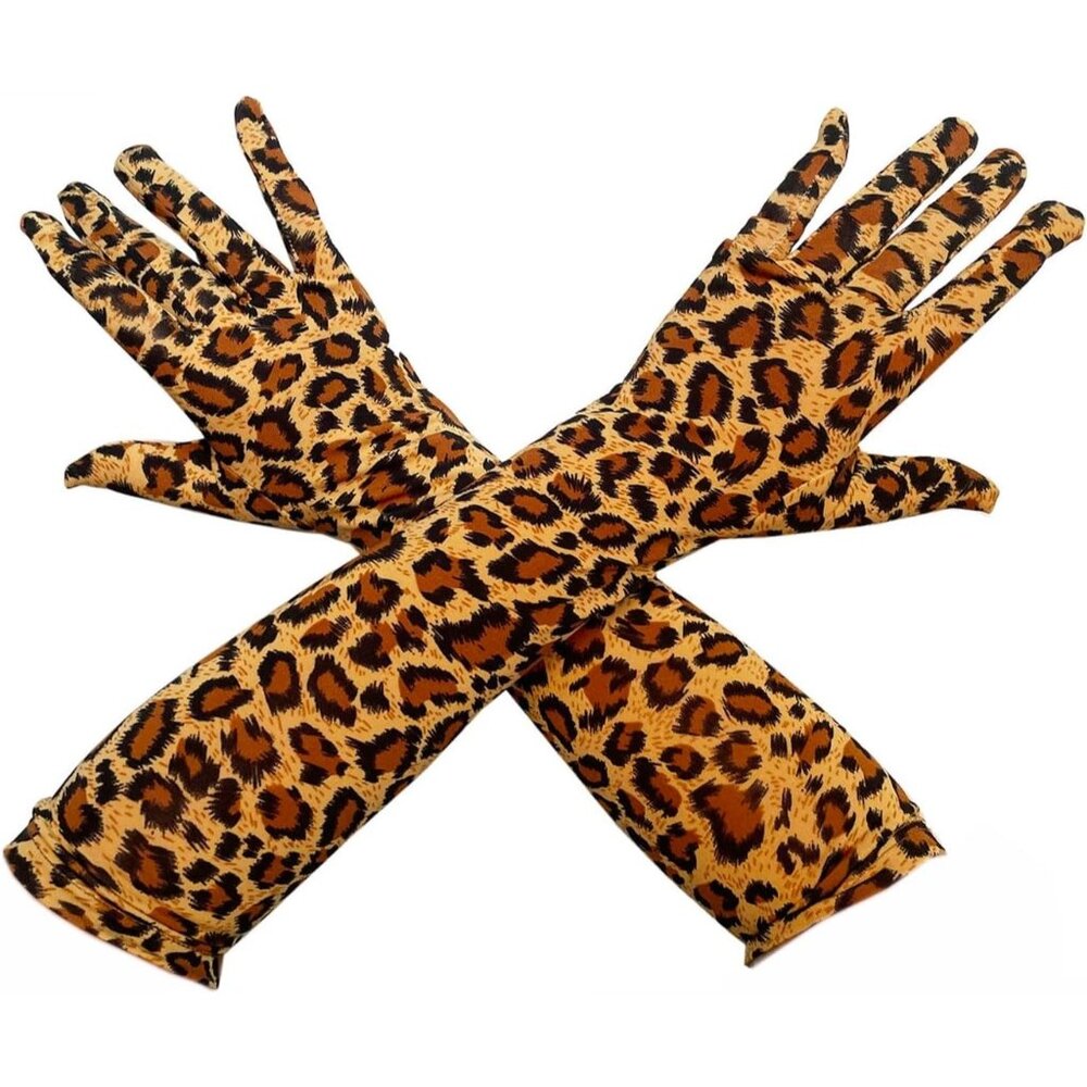 Women's Leopard Elbow Length Satin Long Gloves Design Stretchy Cosplay Costume